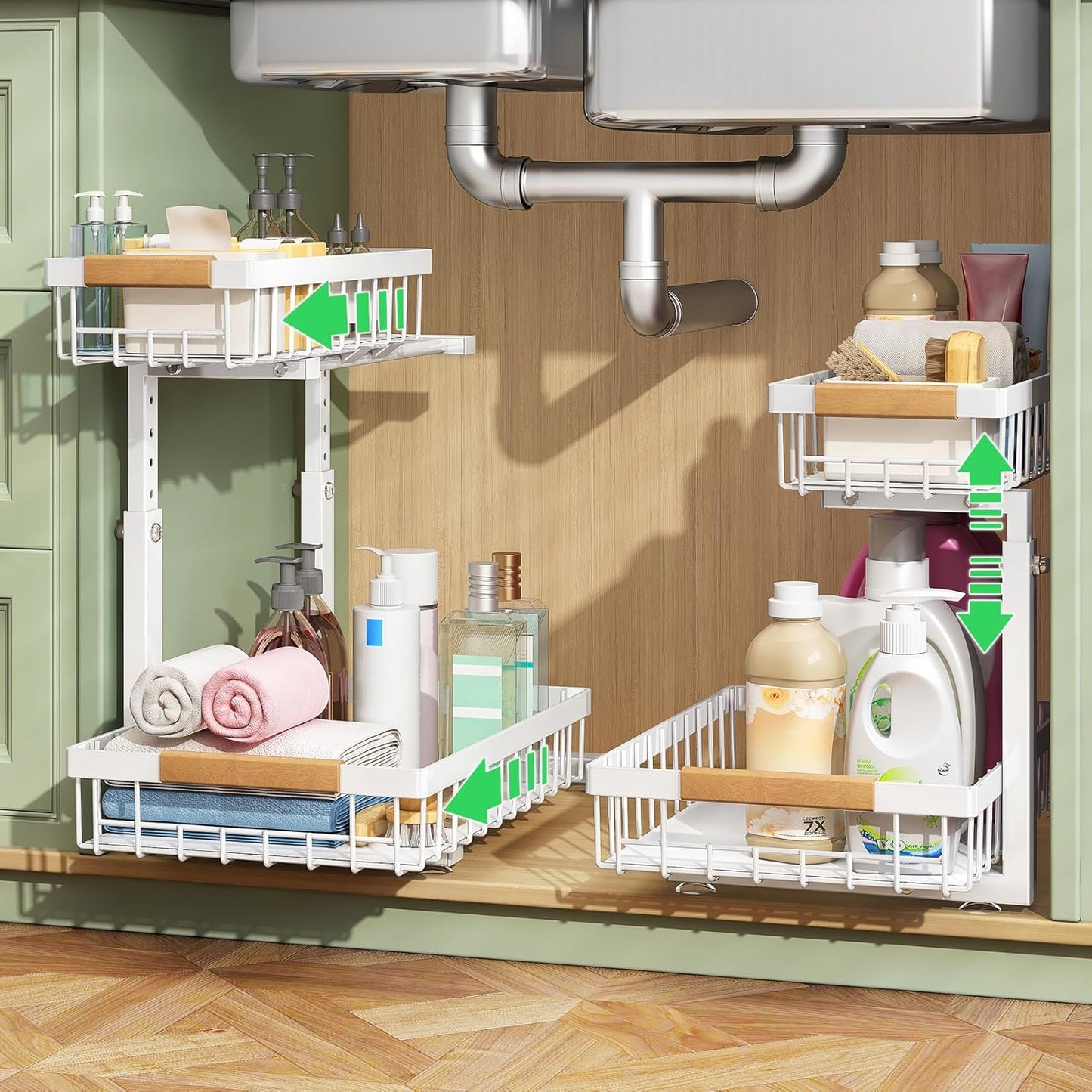 💚2 Tier Under Sink and Cabinet Organizer with Pull Out and Slide Out for Kitchen and Bathroom Storage (2-Pack)