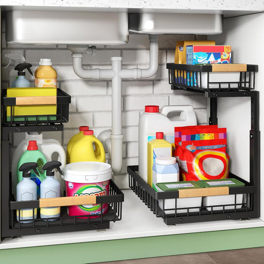 💚2 Tier Under Sink and Cabinet Organizer with Pull Out and Slide Out for Kitchen and Bathroom Storage (2-Pack)