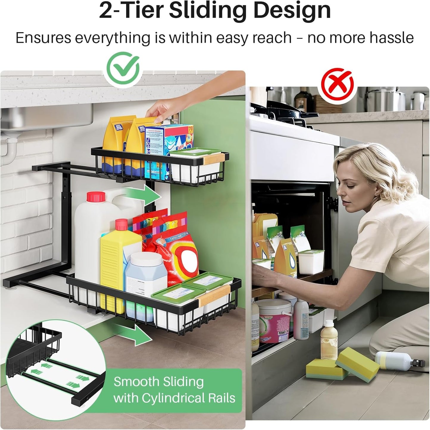 💚2 Tier Under Sink and Cabinet Organizer with Pull Out and Slide Out for Kitchen and Bathroom Storage (2-Pack)
